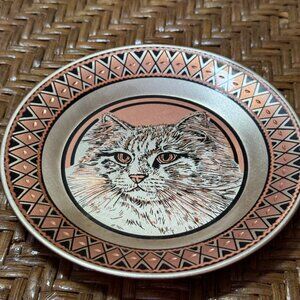 Vintage Copper Enamel Cat Face Wall Plate Trinket Dish 6" Round
